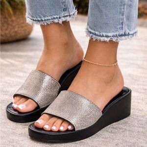 Olivia Miller Silver Metallic Slide Wedge Sandals